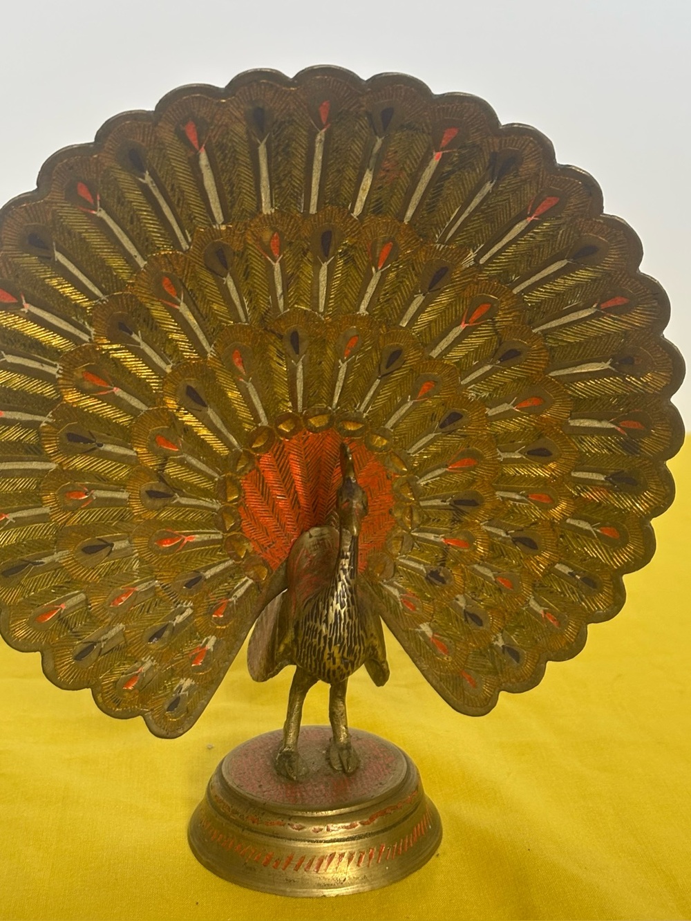 Brass Peacock Fan Figurine with Red Accents